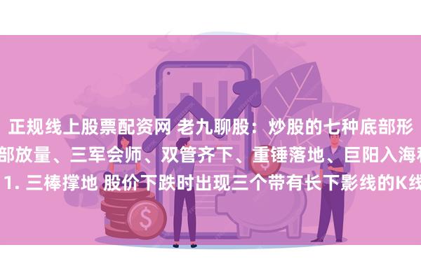 正规线上股票配资网 老九聊股：炒股的七种底部形态分别为三棒撑地、底部放量、三军会师、双管齐下、重锤落地、巨阳入海和一针见底。 1. 三棒撑地 股价下跌时出现三个带有长下影线的K线组合，预示着下方有资金承接。 2...